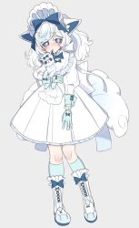 Rule 34 | 1girl, alolan form, alolan vulpix, animal ears, blue bow, blue eyes, blue gloves, blue hair, blue socks, bonnet, boots, bow, bright pupils, capelet, colored eyelashes, creatures (company), cross-laced footwear, dress, eyebrows, fox ears, fox girl, fox tail, full body, furrowed brow, game freak, gen 7 pokemon, gloves, gradient hair, hair bow, highres, hime (ohime pkg), holding, kneehighs, lace-up boots, legs apart, long hair, long sleeves, moemon, multicolored hair, multiple tails, nintendo, personification, pokemon, puffy long sleeves, puffy sleeves, silver background, sleeve cuffs, socks, solo, stuffed toy, tail, tears, two-tone hair, white bow, white capelet, white dress, white footwear, white hair, white pupils