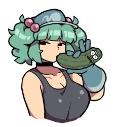 Rule 34 | 1girl, alternate costume, black choker, black eyes, black tank top, blue gloves, blue hair, blue hat, blunt bangs, breasts, choker, cleavage, closed mouth, crossover, flat cap, gloves, gummuru, hair bobbles, hair ornament, hat, kawashiro nitori, large breasts, looking at viewer, pickle, pickle rick, rick and morty, rubber gloves, simple background, solo, tank top, touhou, two side up, upper body, white background
