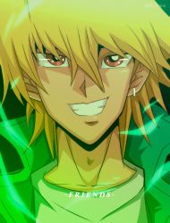 Rule 34 | 1boy, absurdres, blonde hair, bright pupils, brown eyes, clenched teeth, commentary, green jacket, grin, hair between eyes, highres, jacket, jonouchi katsuya, male focus, phil vzq, popped collar, shirt, smile, solo, t-shirt, teeth, white pupils, white shirt, yu-gi-oh!, yu-gi-oh! duel monsters