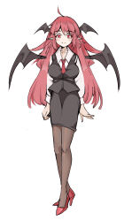 Rule 34 | 1girl, absurdres, ahoge, arms at sides, bat wings, black skirt, black vest, blush, breasts, caris 06, closed mouth, commentary request, full body, head wings, high heels, highres, koakuma, large breasts, light smile, long hair, long sleeves, looking at viewer, necktie, pantyhose, pink eyes, pointy ears, puffy long sleeves, puffy sleeves, red footwear, red hair, red necktie, shirt, simple background, skirt, skirt set, solo, standing, swept bangs, touhou, very long hair, vest, white background, white shirt, wing collar, wings