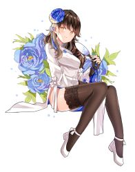 Rule 34 | 1girl, bad id, bad pixiv id, black gloves, blue flower, blush, breasts, brown hair, brown thighhighs, closed mouth, commentary request, diten, dress, elbow gloves, fingerless gloves, flower, full body, girls&#039; frontline, gloves, hair flower, hair ornament, hand fan, holding, holding fan, long hair, long sleeves, looking at viewer, medium breasts, official alternate costume, paper fan, pelvic curtain, plantar flexion, shoes, sitting, smile, solo, thighhighs, type 95 (girls&#039; frontline), type 95 (narcissus) (girls&#039; frontline), white background, white dress, white footwear, yellow eyes