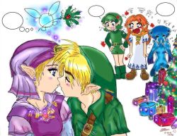 Rule 34 | &gt;:o, 1boy, 4girls, :o, anger vein, angry, belt, blonde hair, blue eyes, blue skin, blush, blush stickers, boots, buckle, christmas, christmas ornaments, christmas tree, closed eyes, colored skin, couple, crying, dated, dress, earrings, eyeshadow, fairy, fins, fish girl, flat chest, flipped hair, flying, flying sweatdrops, flying teardrops, from side, gift, glowing, green hair, hairband, hands on own hips, harem, hat, head fins, hetero, holding, holly, jealous, jewelry, knee boots, link, long hair, long sleeves, looking at another, makeup, malon, merry christmas, mistletoe, multiple girls, navel, navi, necklace, nintendo, orange hair, pendant, pointy ears, princess ruto, princess zelda, profile, ribbed sweater, saria (zelda), shirt, short hair, short sleeves, shorts, shouting, signature, simple background, sketch, speech bubble, squiggle, standing, sweater, tears, the legend of zelda, the legend of zelda: ocarina of time, tree, turtleneck, v-shaped eyebrows, white background, young link, young zelda, zora