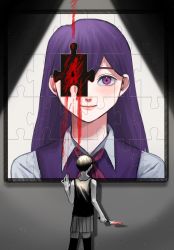 Rule 34 | 1boy, black hair, black thighhighs, blood, bloody knife, bloody weapon, colored skin, den a p, from behind, highres, holding, holding knife, jigsaw puzzle, knife, lips, long hair, mari (headspace) (omori), mari (omori), omori, omori (omori), purple eyes, purple hair, puzzle, short hair, spoilers, tank top, thighhighs, weapon, white skin