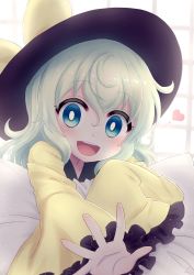 Rule 34 | 1girl, :d, blue eyes, blush, bow, frilled sleeves, frills, green hair, hat, hat bow, heart, highres, komeiji koishi, long hair, long sleeves, looking at viewer, miruki, open mouth, outstretched arm, pillow, reaching, reaching towards viewer, sleeves past fingers, sleeves past wrists, smile, solo, sunlight, touhou, window