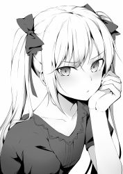 Rule 34 | 1girl, alexmaster, blouse, blush, bow, closed mouth, collarbone, greyscale, hair bow, hand on own cheek, hand on own face, hand up, highres, lips, long hair, looking at viewer, monochrome, original, shirt, short sleeves, sidelocks, simple background, solo, tsurime, twintails, upper body