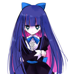 Rule 34 | 10s, 1girl, blue eyes, blue hair, bow, colored inner hair, crossed arms, hair bow, juliet sleeves, long hair, long sleeves, matching hair/eyes, multicolored hair, panty &amp; stocking with garterbelt, pink hair, puffy sleeves, sketch, solo, stocking (psg), two-tone hair, vanilla (nicolla), very long hair