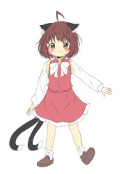 Rule 34 | 1girl, ahoge, animal ear fluff, animal ears, arm up, blush, bow, bowtie, brown eyes, brown hair, cat ears, cat tail, chen, closed mouth, commentary request, full body, highres, long sleeves, looking at viewer, multiple tails, nekomata, no headwear, petite, petticoat, red skirt, red vest, short hair, simple background, skirt, skirt set, smile, solo, standing, tail, touhou, two tails, vest, white background, white bow, white bowtie, yaminabe (honnouji no kaninabe)