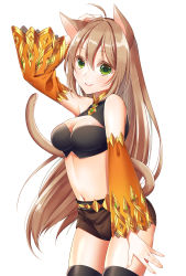 Rule 34 | animal ears, bad id, bad pixiv id, black shorts, black thighhighs, blush, breasts, brown hair, cat ears, cat girl, cat tail, cleavage, cleavage cutout, closed mouth, clothing cutout, green eyes, kirisita, large breasts, long hair, looking at viewer, navel, original, short shorts, shorts, smile, solo, tail, thighhighs
