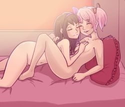 Rule 34 | 10s, 2girls, akemi homura, between legs, black hair, caffeccino, closed eyes, commentary, hair ribbon, kaname madoka, long hair, mahou shoujo madoka magica, mahou shoujo madoka magica (anime), multiple girls, navel, nude, on bed, open mouth, pillow, pink hair, ribbon, short twintails, smile, twintails, yuri