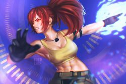 Rule 34 | abs, ammunition pouch, armlet, artist name, bare shoulders, belt, breasts, camouflage, camouflage pants, cleavage, dark persona, dog tags, earrings, from side, gloves, highres, jewelry, leona heidern, midriff, military, military uniform, orochi leona, pants, ponytail, pouch, red eyes, red hair, sleeveless, solo, tank top, the king of fighters, the king of fighters xiv, the king of fighters xv, triangle earrings, uniform, white background, yellow tank top, yoyoleif