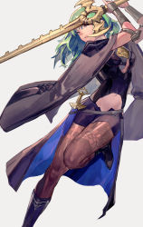 Rule 34 | 1girl, armor, black pantyhose, black shorts, boots, brown pantyhose, byleth (female) (fire emblem), byleth (fire emblem), cape, clothing cutout, dagger, fire emblem, fire emblem: three houses, green hair, grey background, hair between eyes, high heel boots, high heels, highres, holding, holding sword, holding weapon, knee boots, knife, medium hair, navel, navel cutout, nintendo, pantyhose, pantyhose under shorts, parted lips, revision, sheath, sheathed, short shorts, shorts, simple background, solo, sword, vic (vedream), weapon
