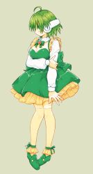 Rule 34 | 1girl, ahoge, aquaplus, blush, breasts, cleavage, closed mouth, collarbone, dress, frilled dress, frilled sleeves, frills, full body, green dress, green eyes, green hair, hair between eyes, highres, large breasts, long sleeves, looking to the side, multi (to heart), nose, raised eyebrows, robot, robot ears, robot girl, sakusankarmin, short hair, sidelocks, skirt, sleeveless, sleeveless dress, solo, standing, thighhighs, thighs, to heart, to heart (series)