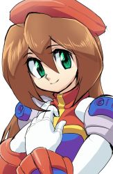 Rule 34 | 1girl, android, bad id, bad twitter id, beret, brown hair, capcom, gloves, green eyes, hair between eyes, hands on own chest, hat, highres, iris (mega man), long hair, looking at viewer, naomim729, mega man (series), mega man x (series), mega man x4, simple background, sketch, smile, solo, white background, white gloves