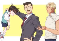 Rule 34 | 3boys, :d, ^ ^, amuro tooru, annoyed, black-framed eyewear, black eyes, black hair, blonde hair, blue pants, blue shorts, blue vest, blush, border, bow, bowtie, brown hair, casual, child, closed eyes, collared shirt, commentary request, edogawa conan, facing another, fingernails, formal, from side, glasses, hand on own hip, happy, jacket, k (gear labo), lifting person, looking at another, looking to the side, male focus, meitantei conan, mouri kogoro, multiple boys, necktie, open mouth, outside border, pants, purple jacket, purple neckwear, purple suit, raised eyebrow, red bow, red neckwear, shirt, shirt grab, shoes, short hair, shorts, simple background, smile, sneakers, socks, suit, sweatdrop, teeth, upper teeth only, vest, watch, white border, white legwear, white shirt, wristwatch, yellow background