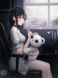 Rule 34 | 1girl, absurdres, black bow, black choker, black hair, bow, breasts, bug, butterfly, button eyes, buttons, candle, chair, choker, cleavage, collarbone, drawing (object), dress, earrings, eichi (skskdi12z), feet out of frame, from side, glowing butterfly, hair bow, highres, indoors, insect, jewelry, large breasts, long hair, looking at viewer, looking to the side, needle, on chair, parted lips, purple eyes, short sleeves, sitting, solo, stitching, stud earrings, stuffed animal, stuffed toy, teddy bear, white dress, window
