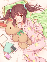 Rule 34 | 10s, 1girl, bad id, bad pixiv id, bed, blush, book, brown eyes, brown hair, cellphone, commentary request, hair ornament, hair scrunchie, highres, idolmaster, idolmaster cinderella girls, long hair, looking at viewer, lying, multicolored clothes, notebook, ogata chieri, on side, one eye closed, open mouth, pajamas, pen, phone, pillow, print pajamas, ribbon, scrunchie, solo, star (symbol), star print, stuffed animal, stuffed rabbit, stuffed toy, twintails, yutsumoe