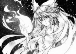 Rule 34 | 1girl, bad id, bad pixiv id, black background, bow, breasts, collared shirt, fire, fujiwara no mokou, greyscale, hair bow, juliet sleeves, long hair, long sleeves, looking at viewer, monochrome, puffy sleeves, qqqrinkappp, shirt, small breasts, solo, touhou, traditional media, v-shaped eyebrows, very long hair
