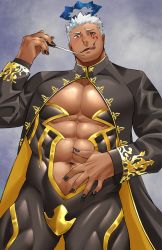Rule 34 | 1boy, :q, abs cutout, angel, bara, conductor baton, black bodysuit, black nails, blue halo, bodysuit, cleavage cutout, clothing cutout, dark-skinned male, dark skin, facial tattoo, grey background, half-closed eyes, halo, hand on own stomach, highres, israfil (housamo), kansuke (kansuke 717), large pectorals, looking at viewer, male focus, muscular, muscular male, nail polish, open mouth, pectorals, red eyes, short hair, shrug (clothing), skin tight, smile, solo, tattoo, tokyo houkago summoners, tongue, tongue out, upper body, white hair