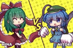 Rule 34 | 2girls, ^ ^, arms (game), backpack, bag, blue hair, blue shirt, blue skirt, boots, bow, character name, closed eyes, cross-laced footwear, dress, closed eyes, flat cap, frilled bow, frilled ribbon, frills, front ponytail, gloves, green hair, green headwear, hair between eyes, hair bow, hair ribbon, hat, kagiyama hina, kawashiro nitori, key, long hair, long sleeves, looking at another, mechanical arms, medium hair, multiple girls, one-hour drawing challenge, open mouth, polka dot, polka dot background, red bow, red dress, red ribbon, ribbon, shirt, skirt, smile, spiral, standing, touhou, two side up, unime seaflower, v-shaped eyebrows, v arms, vs, white gloves, yellow background