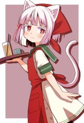 Rule 34 | 1girl, :3, animal ears, apron, bandana, blunt bangs, cat ears, cat girl, cat tail, closed mouth, commentary request, cowboy shot, cup, dress, drinking glass, facing to the side, hair ribbon, highres, holding, holding tray, light blush, looking at viewer, original, red apron, red bandana, red eyes, red ribbon, ribbon, shadow, short hair, short sleeves, simple background, solo, tail, tray, waitress, white dress, white hair, white tail, yukinagi
