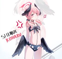 Rule 34 | 1girl, :t, anger vein, bikini, black bikini, black bow, black wings, blue archive, blush, bow, breasts, character name, closed mouth, collarbone, commentary, cowboy shot, feathered wings, floral print, front-tie bikini top, front-tie top, hair bow, halo, head wings, highres, hishiki (pixi14719710), koharu (blue archive), koharu (swimsuit) (blue archive), long hair, low twintails, low wings, navel, official alternate costume, pink eyes, pink hair, pink halo, print bikini, small breasts, spaghetti strap, swimsuit, tearing up, tears, twintails, wavy mouth, white background, wings, zoom layer