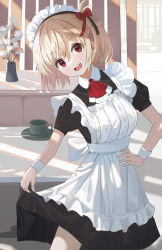 Rule 34 | :d, akatsuki (m12778387), alternate costume, apron, black dress, blonde hair, bow, breasts, clothes lift, cowboy shot, dress, enmaided, hair bow, hand on own hip, head tilt, highres, large breasts, lifted by self, lycoris recoil, maid, maid apron, maid headdress, nishikigi chisato, open mouth, puffy short sleeves, puffy sleeves, red bow, red eyes, short hair, short sleeves, skirt, skirt lift, smile, wrist cuffs