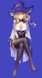 Rule 34 | 1girl, absurdres, black thighhighs, blonde hair, breasts, capelet, cleavage, commentary, crossed legs, dress, flower, full body, genshin impact, green eyes, hair between eyes, hat, hat flower, highres, large breasts, light brown hair, lisa (genshin impact), long hair, looking at viewer, parted lips, purple flower, purple hat, purple rose, rose, shiny clothes, short dress, simple background, smile, solo, terebi (shimizu1996), thighhighs, thighs, witch hat