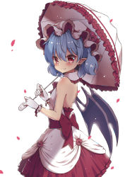 Rule 34 | 1girl, alternate costume, backless dress, backless outfit, bare shoulders, bat wings, beni kurage, blue hair, dress, earrings, fang, fang out, flower, gloves, hair between eyes, highres, holding, holding umbrella, jewelry, looking at viewer, looking back, parasol, pointy ears, red eyes, red flower, red rose, remilia scarlet, rose, sash, simple background, smile, solo, touhou, umbrella, white background, white dress, white gloves, wings