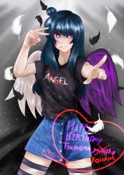 Rule 34 | 1girl, artist name, artist request, asymmetrical wings, black feathers, black legwear, black shirt, black wings, blue hair, blue pants, blush, breasts, clothes writing, feathers, female focus, hair bun, highres, long hair, looking at viewer, love live!, love live! sunshine!!, mismatched wings, nail, nail polish, pants, parted lips, pink eyes, pointing, pointing at viewer, purple eyes, purple nail polish, purple nails, purple wings, shirt, short sleeves, side bun, single hair bun, smile, solo, striped legwear, sweatdrop, teeth, tsushima yoshiko, v, white feathers, white legwear, white wings, wings