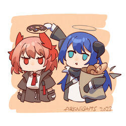 Rule 34 | 2023, 2girls, animal ears, arknights, asymmetrical gloves, bag, baguette, bird ears, black gloves, black halo, black jacket, black skirt, black wings, blue eyes, blue hair, border, bread, brown background, chibi, clenched hands, copyright name, doughnut, doughnut halo, energy wings, fake halo, fiammetta (arknights), food, gloves, halo, holding, holding bag, holding food, innoarukugyou, jacket, long hair, mismatched gloves, mostima (arknights), multiple girls, necktie, no mouth, open clothes, open jacket, red hair, red necktie, shirt, short hair, simple background, skirt, unamused, white border, white gloves, white shirt, wings