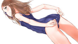 Rule 34 | 1girl, ass, bad id, bad pixiv id, blue one-piece swimsuit, blush, brown eyes, brown hair, clothes pull, cowboy shot, dutch angle, envel203, flat chest, from side, highres, karakai jouzu no takagi-san, long hair, looking back, one-piece swimsuit, one-piece swimsuit pull, school swimsuit, sideways mouth, simple background, smile, solo, standing, swimsuit, takagi-san, thighs, wet, white background