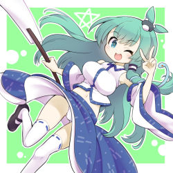 Rule 34 | 1girl, ahoge, armpits, arms up, bandages, bare shoulders, black footwear, blue eyes, blue skirt, blush, border, breasts, collared shirt, commentary request, detached sleeves, eyes visible through hair, frog hair ornament, futa (nabezoko), gohei, green background, green hair, hair between eyes, hair ornament, hair tubes, hands up, kneehighs, kochiya sanae, large breasts, leg up, long hair, long sleeves, looking at viewer, navel, open mouth, panties, sarashi, shirt, shoes, skirt, smile, snake hair ornament, socks, solo, standing, standing on one leg, star (symbol), teeth, tongue, touhou, underwear, v, white border, white panties, white shirt, white socks, wide sleeves