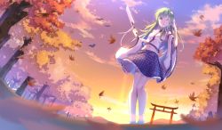 Rule 34 | 1girl, autumn, autumn leaves, backlighting, bird, blue skirt, blurry, cloud, collared shirt, colored eyelashes, depth of field, detached sleeves, forest, from below, gohei, gradient sky, green eyes, green hair, hair between eyes, hand in own hair, highres, hip focus, katee, knees, kochiya sanae, legs, long hair, looking at viewer, looking down, midriff, mountainous horizon, nature, one eye closed, oonusa, open mouth, outdoors, perspective, petticoat, pigeon-toed, pink sky, polka dot, polka dot skirt, purple sky, shirt, skirt, sky, sleeveless, sleeveless shirt, solo, standing, sunset, torii, touhou, tree, twilight, white legwear, white shirt, white sleeves, wide sleeves, wind, yellow sky
