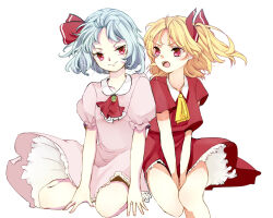Rule 34 | 2girls, adapted costume, arms between legs, ascot, blonde hair, blue hair, breasts, brooch, closed mouth, collarbone, collared shirt, dress, flandre scarlet, frilled sleeves, frills, green brooch, jewelry, medium hair, multiple girls, no headwear, open mouth, pink dress, poporokuroisu1997, puffy short sleeves, puffy sleeves, red ascot, red eyes, red shirt, remilia scarlet, shirt, short sleeves, shoulder-to-shoulder, siblings, simple background, sisters, sitting, small breasts, touhou, v arms, white background, yellow ascot