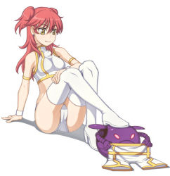 Rule 34 | 00s, 1girl, bad haro, bare shoulders, boots, cameltoe, caryo, earrings, gundam, gundam 00, jewelry, long hair, lowres, nanashino, nena trinity, panties, pilot suit, red hair, shorts, smile, solo, thigh boots, thighhighs, two side up, underwear, unworn shorts, white background, white panties, white thighhighs, yellow eyes