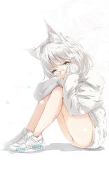 Rule 34 | 1girl, animal ear fluff, animal ears, aqua eyes, bare legs, commentary, dress, english commentary, fox ears, fox girl, full body, glasses, grey sweater, highres, jerry3912, knees up, long sleeves, looking at viewer, original, panties, pantyshot, rimless eyewear, shoes, short hair, silver hair, simple background, sitting, sleeves past wrists, sneakers, solo, sweater, sweater dress, thighs, translation request, underwear, white background, white footwear, white panties