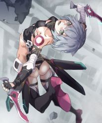 Rule 34 | 1girl, :d, absurdres, arm belt, ass, bandaged arm, bandages, bare shoulders, belt, black footwear, black gloves, black panties, boots, breasts, butt crack, cleavage, dagger, dual wielding, facial scar, fate/apocrypha, fate/grand order, fate (series), fingerless gloves, gloves, green eyes, highres, holding, holding dagger, holding knife, holding weapon, jack the ripper (fate/apocrypha), knife, leaning back, leg up, looking at viewer, micro panties, open mouth, panties, pretty-purin720, scar, scar across eye, scar on cheek, scar on face, short hair, shoulder tattoo, silver hair, small breasts, smile, solo, stitches, tattoo, teeth, thigh boots, thighhighs, thighs, underwear, weapon
