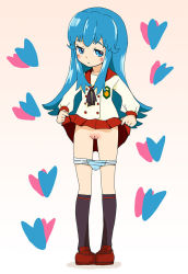 Rule 34 | 10s, 1girl, :&lt;, blue eyes, blue hair, blush, cleft of venus, clothes lift, female focus, happinesscharge precure!, heart, long hair, matching hair/eyes, panties, panty pull, precure, pussy, school uniform, shirayuki hime, shoes, skirt, skirt lift, socks, solo, suzu (quantum3rd), uncensored, underwear