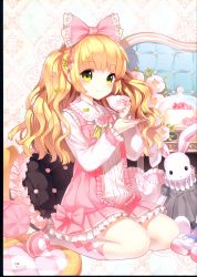 Rule 34 | 1girl, absurdres, argyle, blonde hair, blush, bow, cake, closed mouth, couch, cup, dress, food, food-themed hair ornament, frilled bow, frilled dress, frilled pillow, frilled shirt collar, frills, green eyes, hair bow, hair ornament, highres, holding, holding cup, holding saucer, huge filesize, kneehighs, long hair, long sleeves, looking at viewer, mary janes, nardack, non-web source, original, pillow, pink bow, pink dress, pink footwear, saucer, scan, shirt, shoes, sitting, smile, socks, solo, stuffed animal, stuffed rabbit, stuffed toy, teacup, two side up, wariza, white shirt, white socks