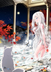 Rule 34 | 1girl, absurdres, autumn leaves, bad id, bad pixiv id, blue eyes, copyright name, fox, full moon, highres, holding, holding leaf, leaf, long hair, looking at viewer, looking back, maple leaf, mito w, moon, mountain, night, night sky, ocean, onsen, partially submerged, rooftop, rope, shiki no akari, shimenawa, sky, solo, tomoshibi no majo, towel, tree, very long hair, wading, water, wet, wet hair, wet towel, white hair, white towel