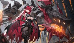 Rule 34 | 1girl, absurdres, ahoge, azur lane, black gloves, black horns, black pantyhose, breasts, curled horns, demon girl, demon horns, demon wings, elbow gloves, frilled gloves, frills, gloves, highres, hindenburg (azur lane), horns, jeze, large breasts, long hair, looking at viewer, low wings, non-humanoid robot, pantyhose, pointy ears, red eyes, red hair, revision, robot, robot dragon, solo, standing, thighs, underboob, very long hair, wings