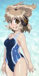 Rule 34 | 1girl, black one-piece swimsuit, blue background, brown eyes, brown hair, competition swimsuit, cowboy shot, earmuffs, gradient background, looking at viewer, one-piece swimsuit, pointy hair, short hair, solo, standing, swimsuit, touhou, toyosatomimi no miko, winn