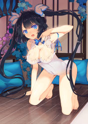 Rule 34 | 10s, 1girl, bare arms, bare legs, barefoot, black hair, blue eyes, blush, bow, breasts, cleavage, cleavage cutout, clothing cutout, covered navel, dress, dungeon ni deai wo motomeru no wa machigatteiru darou ka, covered erect nipples, female focus, hestia (danmachi), kneeling, large breasts, long hair, looking at viewer, open mouth, rain lan, rei no himo, short dress, skindentation, solo, twintails