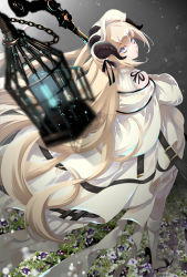 Rule 34 | 1girl, amexame, arknights, bare shoulders, birdcage, blonde hair, blue eyes, boots, cage, chain, commentary request, dress, from behind, highres, holding, holding staff, horns, long hair, looking at viewer, looking back, nightingale (arknights), partial commentary, solo, staff, standing, very long hair, white dress, white footwear, white headwear