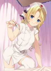 Rule 34 | 1girl, arm support, bed sheet, belt, belt buckle, blonde hair, blue eyes, blush, buckle, closed mouth, cross, curtains, day, digital thermometer, elf, hat, highres, holding, indoors, infirmary, iris (takunomi), leaning forward, leg up, long hair, looking at viewer, nurse, nurse cap, original, parted bangs, pointy ears, red cross, short sleeves, side slit, sidelocks, skindentation, smile, solo, takunomi, thermometer, thighhighs, wavy hair, white thighhighs, zettai ryouiki