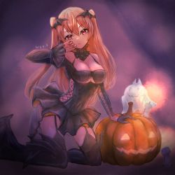 Rule 34 | 1girl, black dress, black thighhighs, breasts, dress, halloween costume, jack-o&#039;-lantern, johnston (kancolle), kantai collection, light brown hair, long hair, medium breasts, official alternate costume, red eyes, short dress, solo, thigh strap, thighhighs, two side up, vampire costume, wss (nicoseiga19993411)