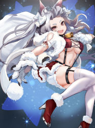 Rule 34 | 1girl, absurdres, animal ear fluff, animal ears, animal hands, azur lane, bell, boots, bow, braid, breasts, capelet, christmas, cleavage, commentary, dog ears, dog tail, fang, forehead, fur-trimmed footwear, fur trim, gloves, grey hair, hair bow, high heel boots, high heels, highres, holding, holding sack, large breasts, legwear garter, long hair, looking at viewer, md5 mismatch, navel, neck bell, open mouth, paw gloves, red eyes, red footwear, red skirt, resolution mismatch, sack, scarf, single braid, skin fang, skirt, smile, solo, source smaller, stomach, suspender skirt, suspenders, tail, thick eyebrows, thigh strap, thighhighs, two side up, white bow, white scarf, white thighhighs, ymmt, yuudachi (azur lane), yuudachi (woofy floofy christmas night) (azur lane)