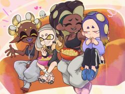 4girls alternate_costume chips_(food) closed_eyes couch crying crying_with_eyes_open dark-skinned_female dark_skin earrings food frye_(splatoon) jewelry marina_(splatoon) mian_noodle mole multiple_girls nintendo pearl_(splatoon) potato_chips shiver_(splatoon) slippers smollusk_(splatoon) splatoon_(series) splatoon_3 sports_bra tears