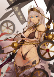 Rule 34 | 1girl, arm up, bikini, black bikini, blue eyes, breasts, chain, cleavage, crown, cuffs, earrings, fate/grand order, fate (series), gold chain, gold choker, grey hair, high-waist panties, highres, jewelry, large breasts, long hair, looking at viewer, multicolored hair, pink hair, shackles, solo, swimsuit, sword, tan, thighhighs, ura illust, weapon, wheel, zenobia (fate)
