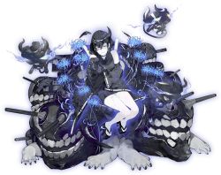 Rule 34 | 1girl, abyssal ship, akira (kadokawa), bare shoulders, black hair, blue flower, blue spider lily, claws, detached sleeves, flower, glowing, horns, japanese clothes, kantai collection, mechanical arms, night strait hime, nontraditional miko, official art, okobo, sandals, shaded face, single mechanical arm, solo, spider lily, transparent background, turret, white background, wide sleeves